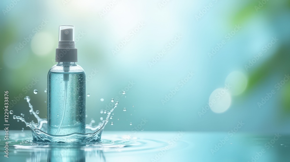 Hydrating facial mist in a transparent spray bottle with water splash effect Hydrating facial mist in a transparent spray bottle with water splash effect