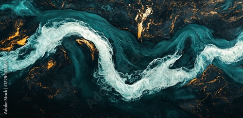 Wallpaper Mural Abstract River of Gold: A mesmerizing aerial view captures a winding river of white, flowing through a backdrop of deep teal and shimmering gold, creating an abstract work of art. Torontodigital.ca
