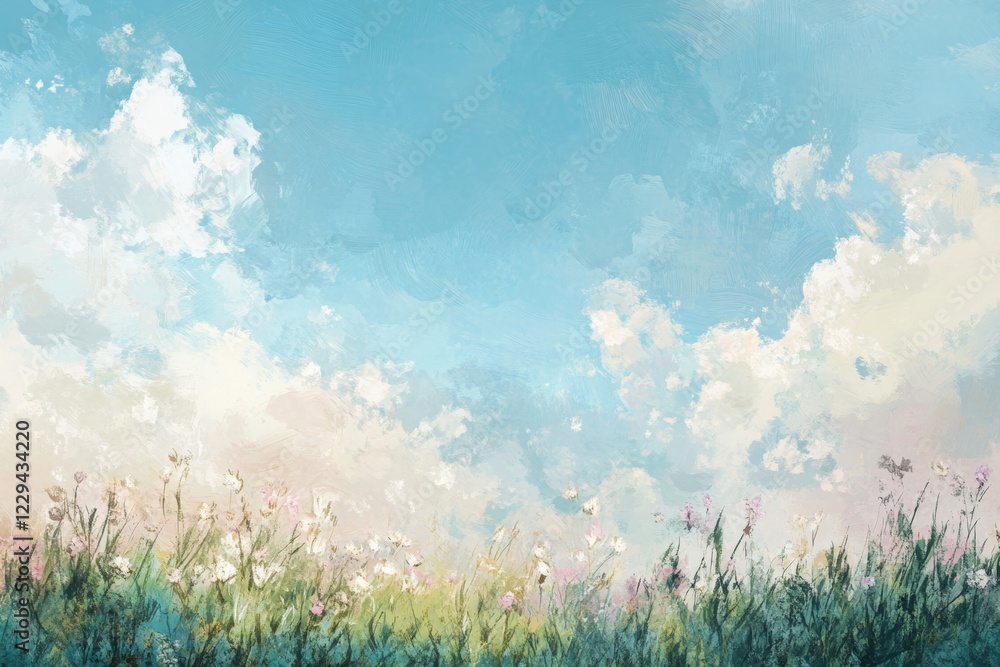 Serene Landscape: A breathtaking view of wildflowers under a vibrant sky. The painting captures a peaceful and tranquil moment in nature, perfect for home or office decor. Serene Landscape: A breathtaking view of wildflowers under a vibrant sky. The painting captures a peaceful and tranquil moment in nature, perfect for home or office decor.