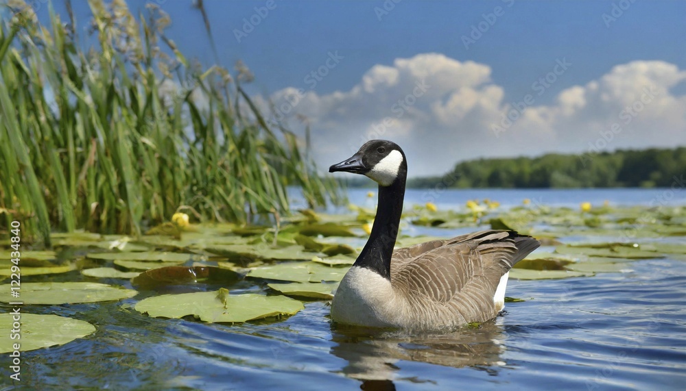 Obraz premium AI generates, animal, animals, bird, birds, biotope, habitat, a, individual, swims, water, reeds, water lilies, blue sky, foraging, wildlife, summer, seasons