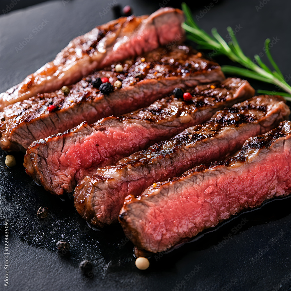 Sliced medium rare grilled beef ribeye steak. Sliced medium rare grilled beef ribeye steak.
