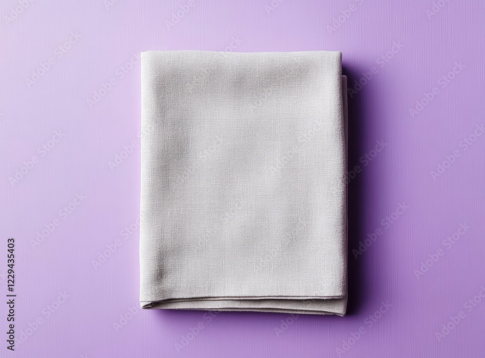A simple, blank, light gray linen napkin folded on a purple background. Product photography, studio lighting, minimalist style, soft shadow, A simple, blank, light gray linen napkin folded on a purple background. Product photography, studio lighting, minimalist style, soft shadow,