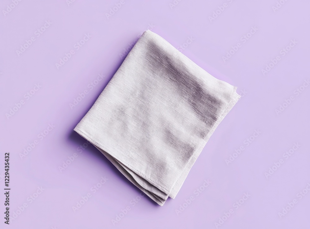 A simple, blank, light gray linen napkin folded on a purple background. Product photography, studio lighting, minimalist style, soft shadow, A simple, blank, light gray linen napkin folded on a purple background. Product photography, studio lighting, minimalist style, soft shadow,