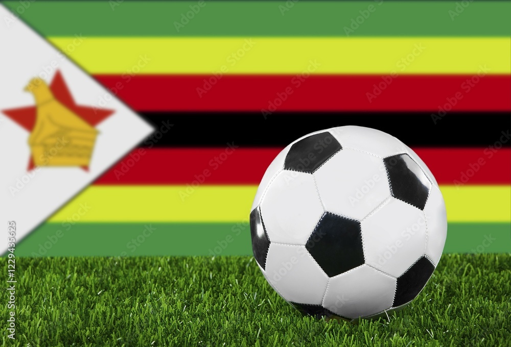 The Zimbabwe flag and soccer ball on the green grass The Zimbabwe flag and soccer ball on the green grass
