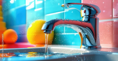 Glossy faucet releasing shimmering liquid, reflecting neon hues of pink, yellow, and orange. Surreal and futuristic ambiance with fluid distortion, metallic reflections photo