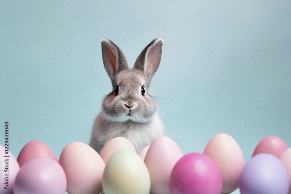 Fototapeta premium Bunny with pastel colored easter eggs. KI generiert, generiert AI generated