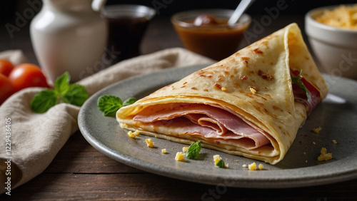 Close-up view of a realistic folded triangle crepe filled with ham and cheese on a plate