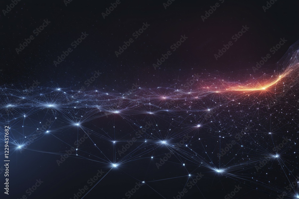 Digital network with glowing nodes and connecting lines in blue and orange hues on a dark backdrop, Fire Particles, AI generated Digital network with glowing nodes and connecting lines in blue and orange hues on a dark backdrop, Fire Particles, AI generated