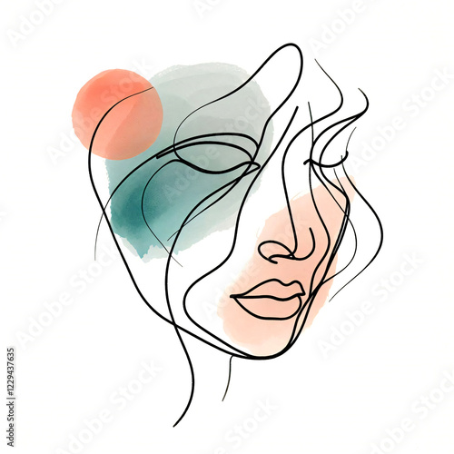 Modern Abstract Elegance: Minimalist Portrait with Fluid Lines and Watercolor