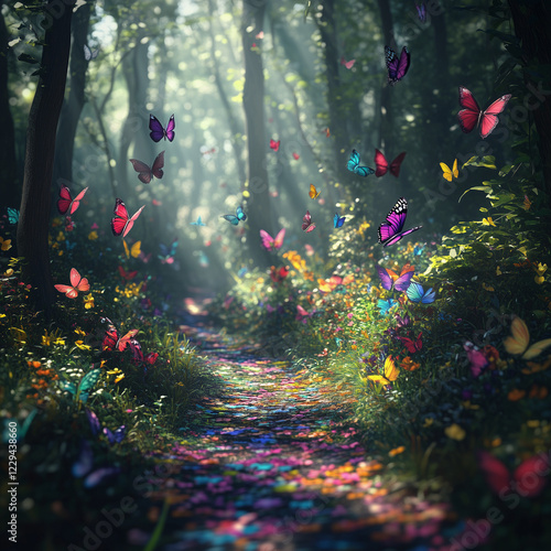 a fairy-tale forest, a path with bright butterflies
