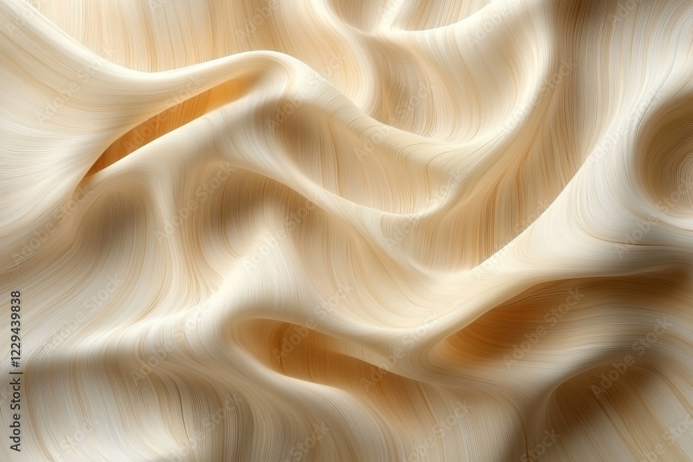 Textured beige fabric with soft waves and elegant folds illuminated by gentle light Textured beige fabric with soft waves and elegant folds illuminated by gentle light