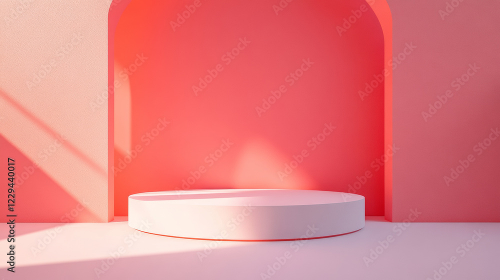 Minimalist pink podium with archway background Minimalist pink podium with archway background