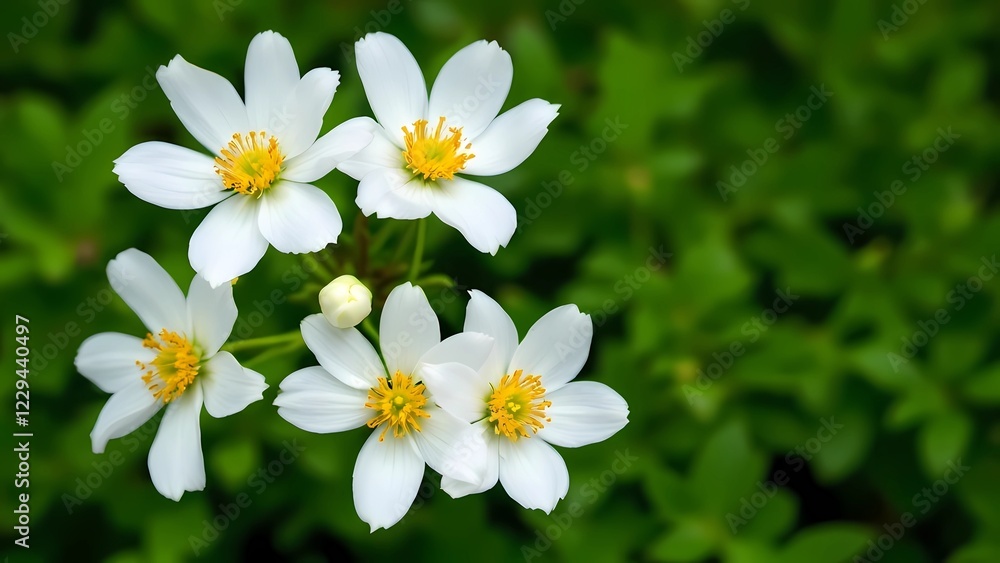 A Cluster of Delicate White Anemone Flowers With Yellow Centers, Surrounded by Lush Green Leaves, Showcasing Natural Beauty A Cluster of Delicate White Anemone Flowers With Yellow Centers, Surrounded by Lush Green Leaves, Showcasing Natural Beauty