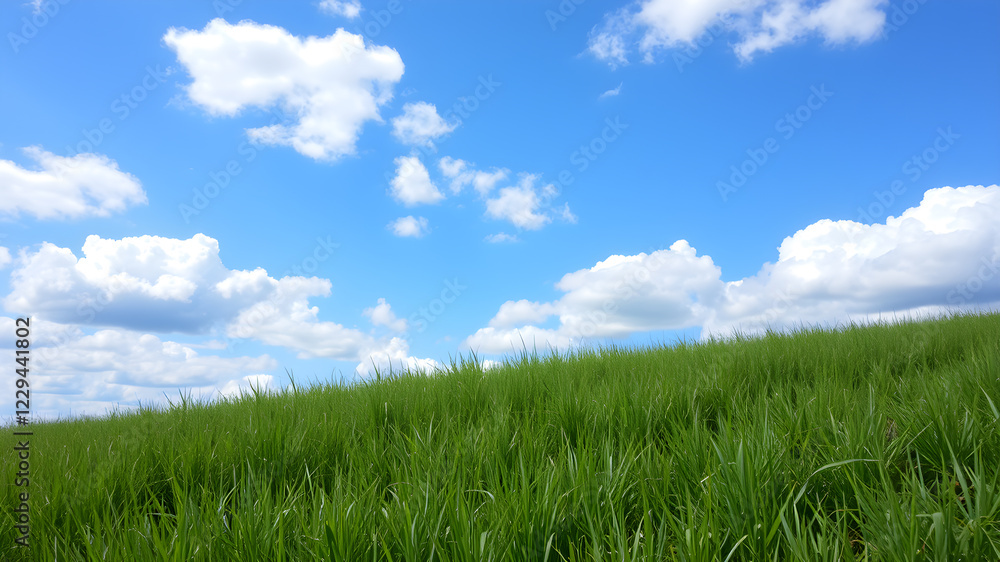 Fototapeta premium Green grass and blue sky with white clouds