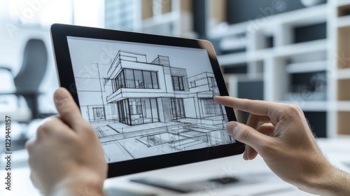 Architect showing new house project with tablet