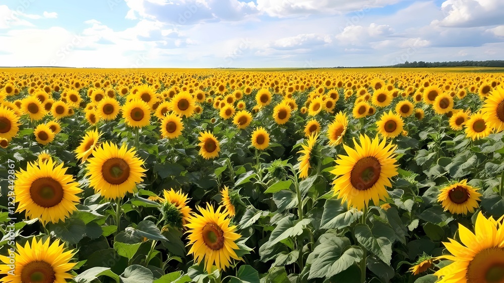 Fototapeta premium A Vast Field of Sunflowers Blooms Under a Serene Sky, Showcasing Vibrant Yellow Hues and a Picturesque Landscape