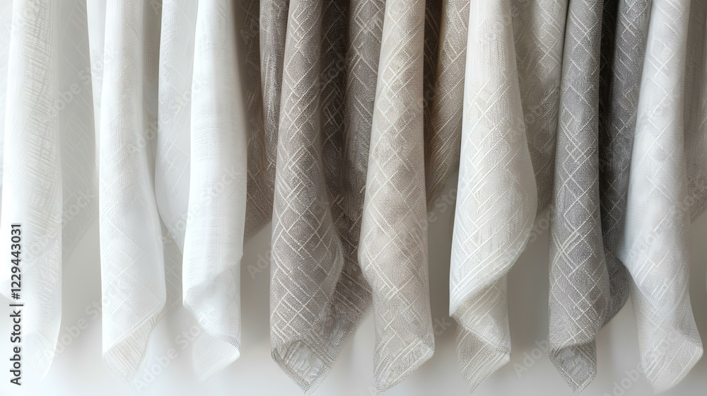 Neutral linen fabric swatches hanging, geometric pattern, textile design, home decor Neutral linen fabric swatches hanging, geometric pattern, textile design, home decor