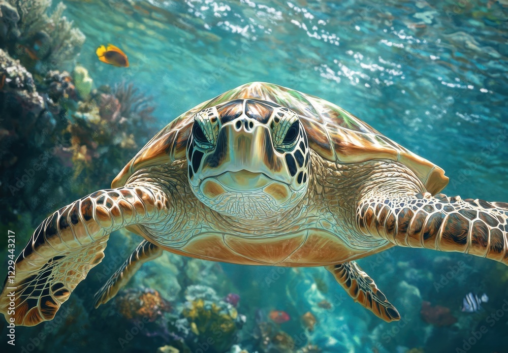 Fototapeta premium Vibrant Green Sea Turtle Swimming Through Crystal Clear Ocean Waters Surrounded by Colorful Coral Reefs and Tropical Fish