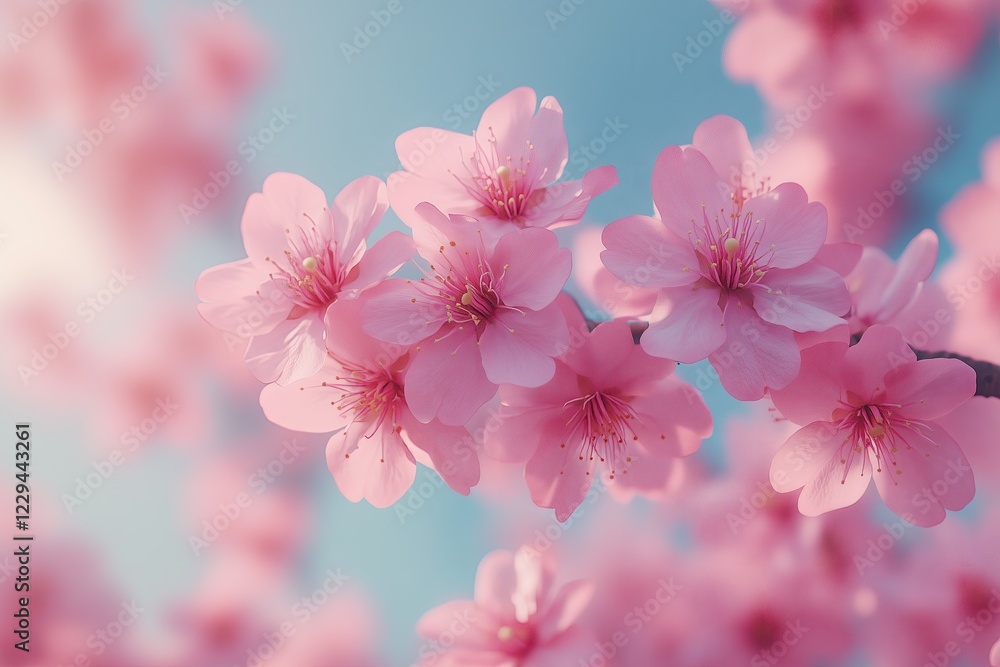 A close-up of soft pink cherry blossoms in full bloom against a gentle blue sky, bathed in warm sunlight. A dreamy and serene springtime scene.
A close-up of soft pink cherry blossoms in full bloom against a gentle blue sky, bathed in warm sunlight. A dreamy and serene springtime scene.