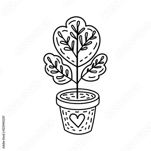 Heart leaf plant in pot outline for eco-friendly botanical design