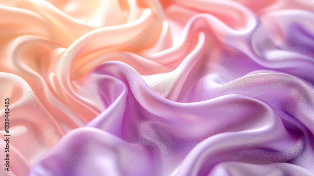 Obraz premium Peach and lilac silk fabric texture, draped elegantly, soft light, gradient background. Ideal for fashion, beauty, or design projects
