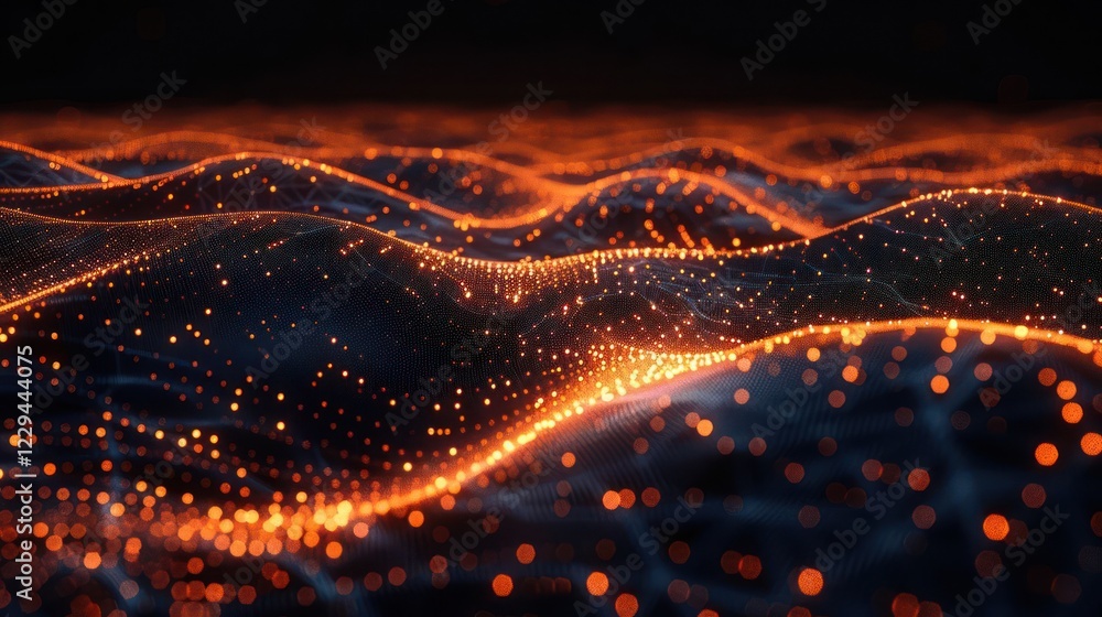 Fototapeta premium Abstract digital landscape with glowing orange dots representing data flow over dark waves