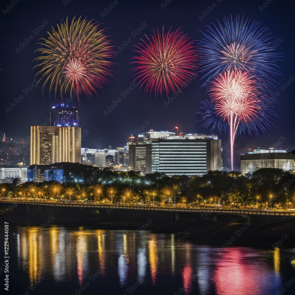 Vibrant fireworks lighting up the night sky above a cityscape, with reflections on the buildings and river, AI generated Vibrant fireworks lighting up the night sky above a cityscape, with reflections on the buildings and river, AI generated