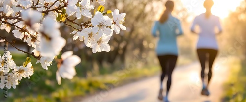 Jogging women on spring cherry blossom path at sunset, atmospheric lifestyle shot perfect for wellness, sports motivation and seasonal outdoor activities horizontal