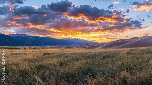 A serene desert landscape with endless sand dunes, bathed in the golden hues of a sunset.