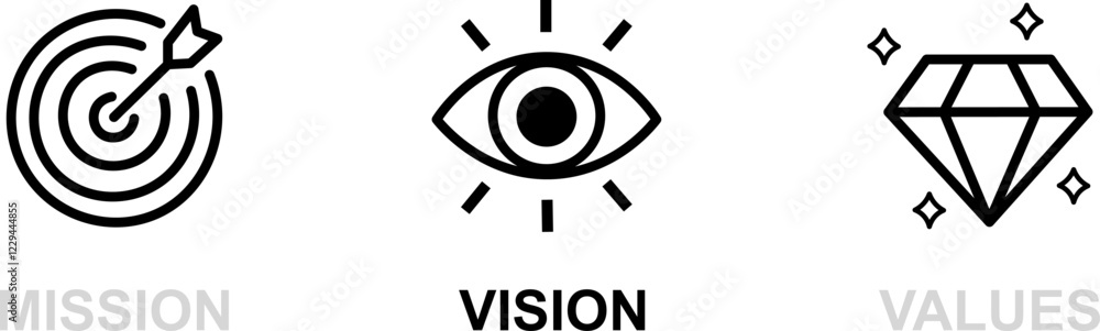 Mission, vision, values set of black icons or business goals logo in modern flat design concept on isolated white background. EPS 10 vector. Mission, vision, values set of black icons or business goals logo in modern flat design concept on isolated white background. EPS 10 vector.