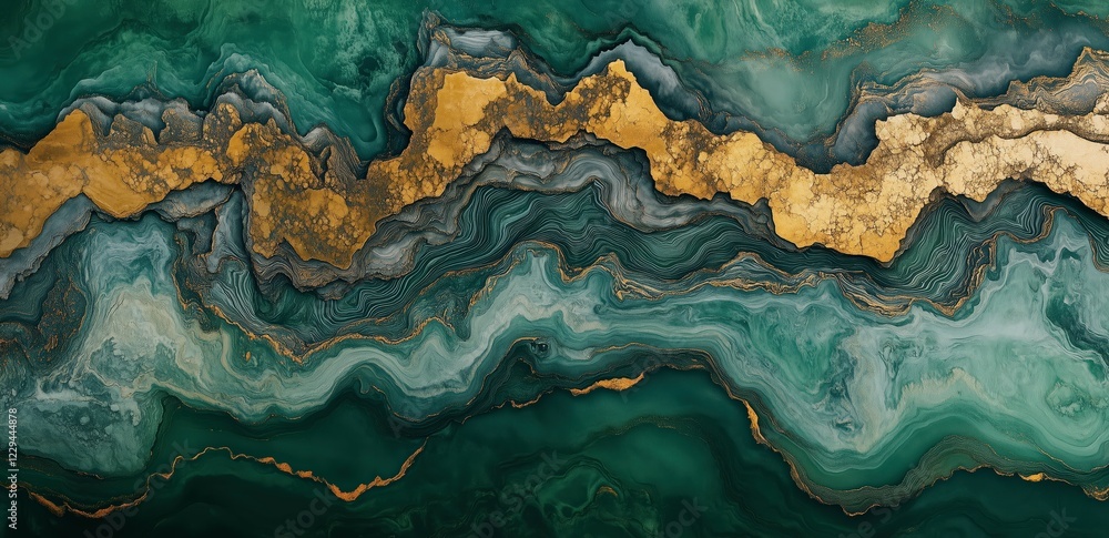 Fototapeta premium Emerald Gold Swirl: Abstract art featuring a mesmerizing blend of deep emerald green and shimmering gold, creating a luxurious and elegant marble-like effect. The fluid.