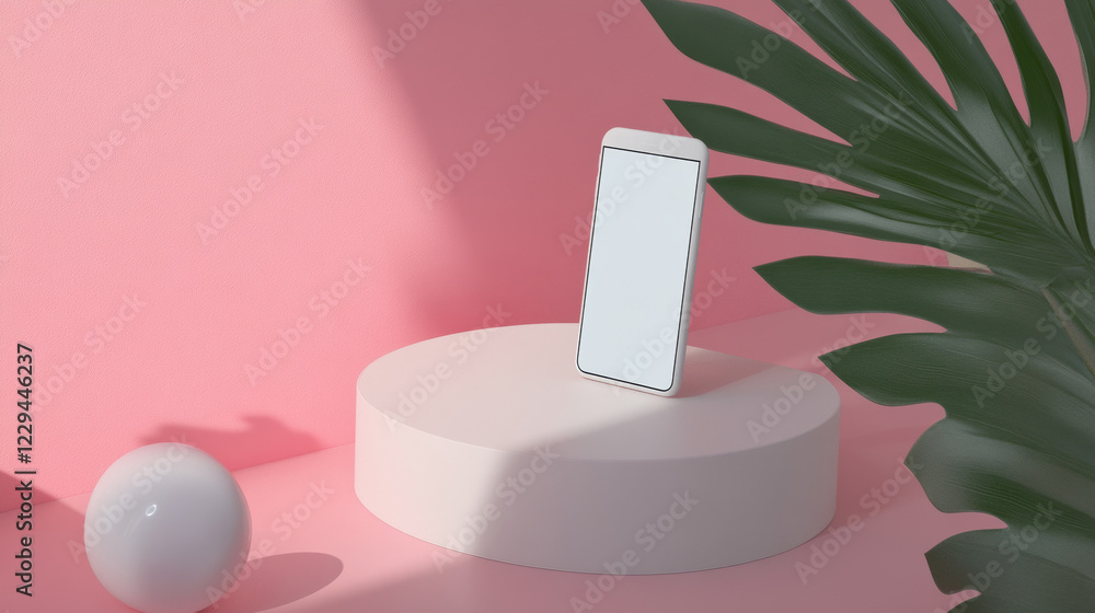 Smartphone on pink pedestal with leaf shadow Smartphone on pink pedestal with leaf shadow