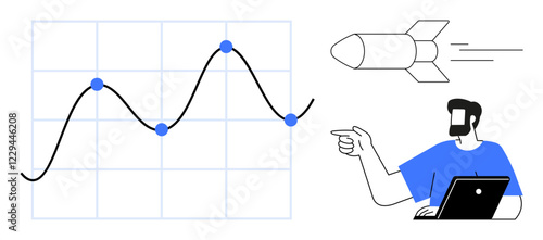 Businessperson pointing at a graph with fluctuating data points, alongside a rocket symbolizing upward progress. Ideal for marketing, growth, analytics, finance, strategy, goals success. Abstract