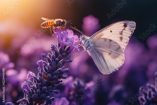A delicate white butterfly and a bee on a lavender flower, bathed in warm golden sunlight. A stunning macro shot capturing nature’s harmony and pollination in action.

