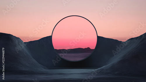 Fototapeta Naklejka Na Ścianę i Meble -  Surreal landscape with circular portal at sunset