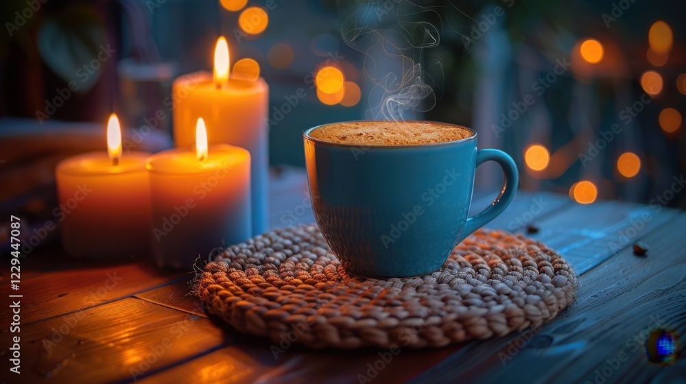Fototapeta premium There is a cup of coffee on a table with candles, drink background