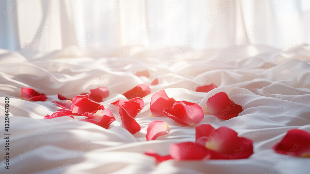 Delicate rose petals on silk, bathed in soft morning light, evoking a dreamy, romantic ambiance. Delicate rose petals on silk, bathed in soft morning light, evoking a dreamy, romantic ambiance.