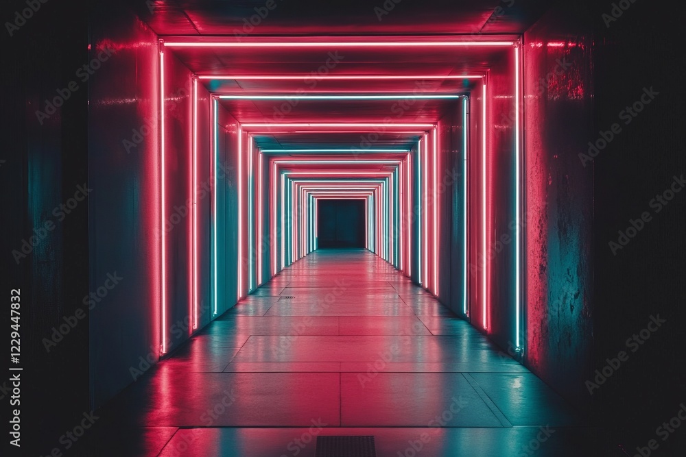 Fototapeta premium Futuristic Neon Tunnel with Vibrant Pink and Blue Lights Creating a Symmetrical and Mesmerizing Perspective