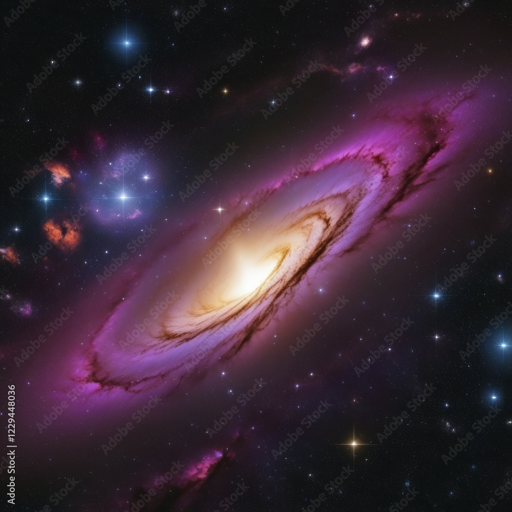 Fototapeta premium A stunning galaxy with a bright core surrounded by vibrant pink and purple cosmic clouds and distant stars, AI generated