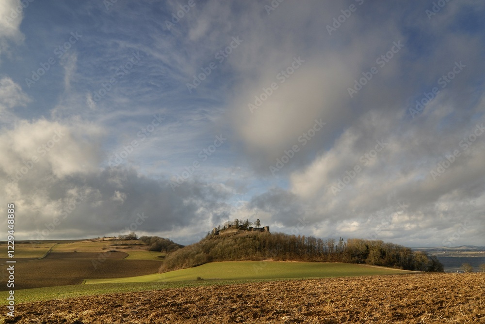 Fototapeta premium Maegdeberg Castle with cumulus Clouds in the background, Baden Wuerttemberg Germany