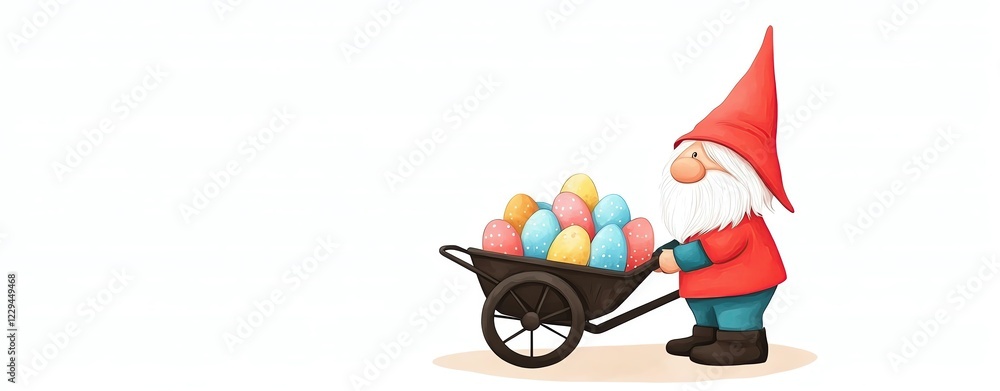 Naklejka premium Watercolor set of gnomes, Easter day. Gnome with a wheelbarrow full of Easter eggs, rustic countryside feel, watercolor illustration set isolated on white background