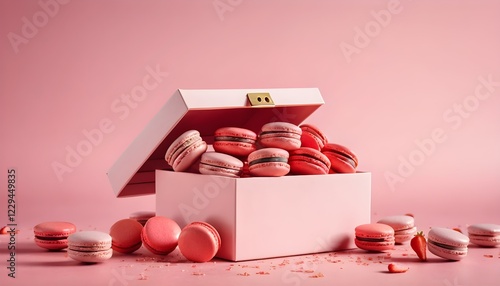 Macarons français à la fraise tombant dans une boîte élégante sur fond rose. photo