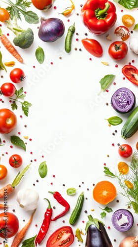 Various vegetables and spices on white background. Useful for cooking blogs, recipes, food advertising, diet programmes.