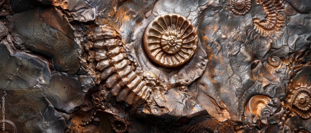 Close-up of an ammonite fossil on a stone surface, great for research papers and educational materials on palaeontology. Close-up of an ammonite fossil on a stone surface, great for research papers and educational materials on palaeontology.