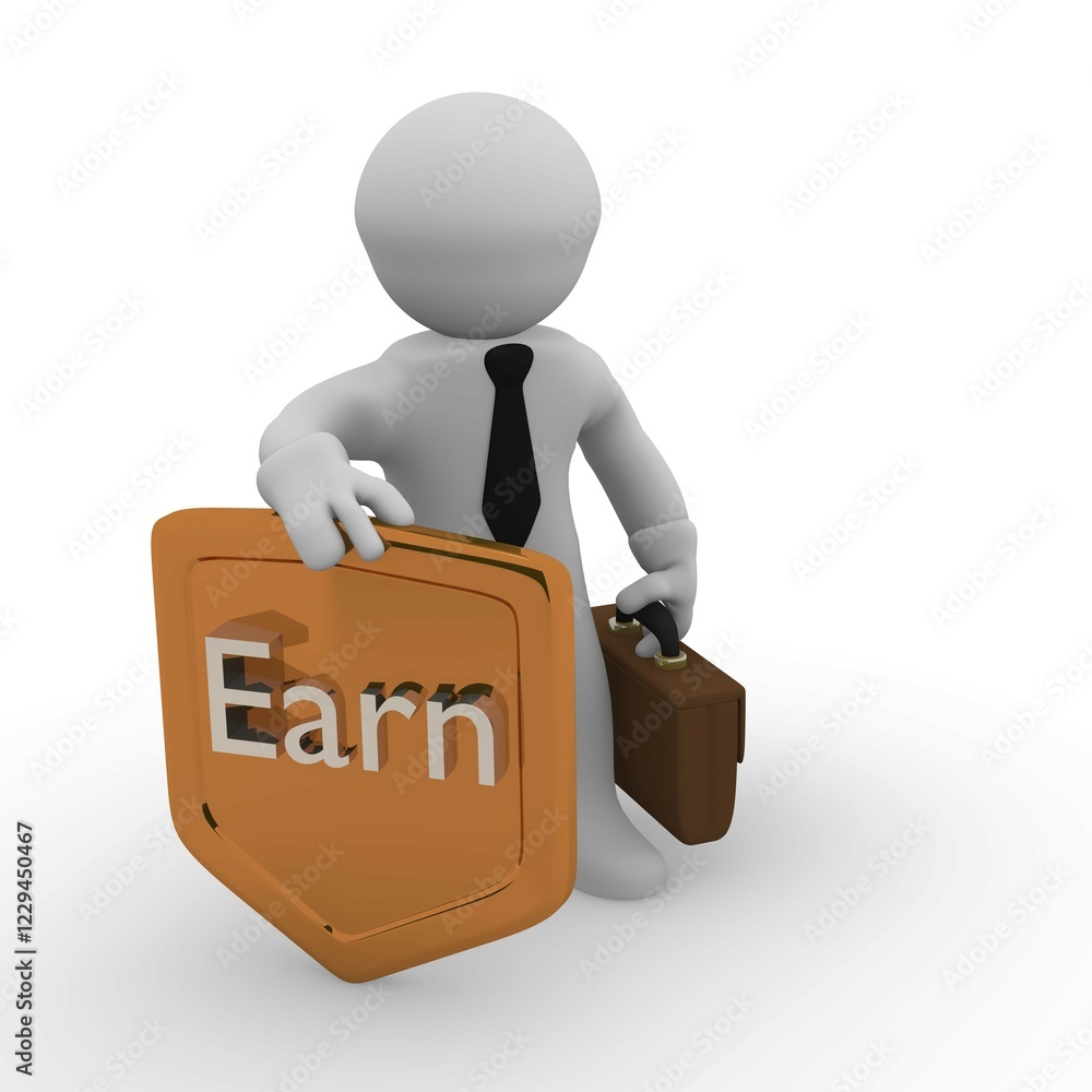 3d business character with a golden shield and the word earn on it 3d business character with a golden shield and the word earn on it