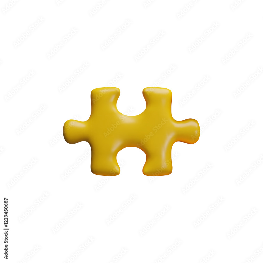 Fototapeta premium Yellow puzzle piece 3D cartoon plastic vector icon, abstract jigsaw detail, logic game toy, choice variation connection