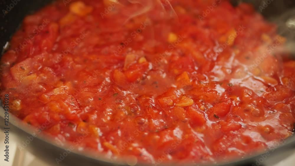 Cooking tomato sauce in a frying pan. Red vegetable gravy steaming on the stove. Seasoning for pasta. Cooking tomato sauce in a frying pan. Red vegetable gravy steaming on the stove. Seasoning for pasta.