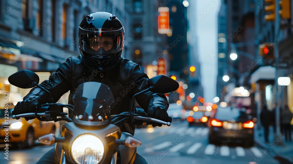 A motorcyclist in a black helmet and jacket rides a motorcycle in a city. A motorcyclist in a black helmet and jacket rides a motorcycle in a city.