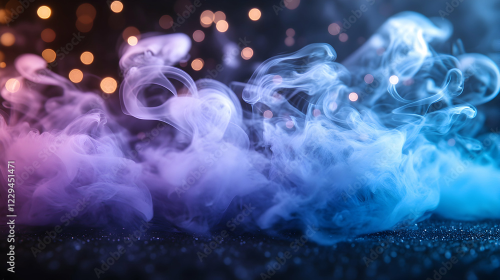 Fototapeta premium Colorful smoke swirls on dark background, bokeh lights, abstract art, ideal for design