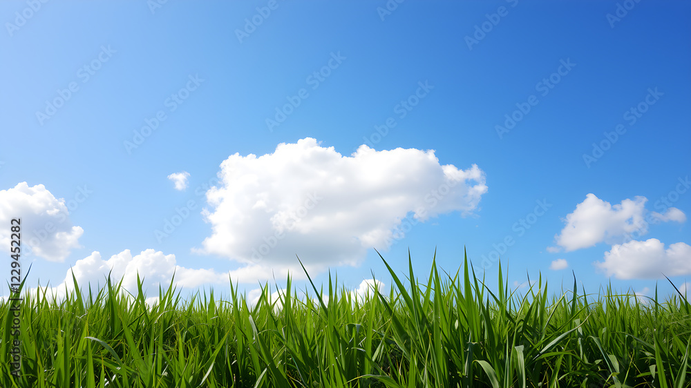 Fototapeta premium Green grass and blue sky with white clouds